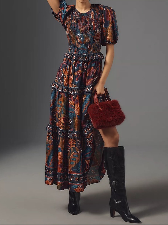 FARM Rio Dresses & Skirts - Farm Rio Short-Sleeve Crew-Neck Tiered A-Line Maxi Dress Size M
